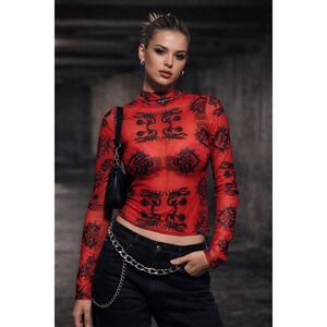 Y2K Cyber Grunge Red Tattoo Mesh Long Sleeve Club Top Sheer Alt Y2K 2000s Sz M
